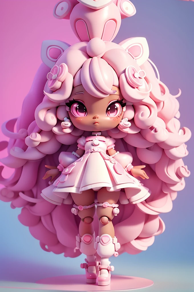 (full body);Create a series of cute black afro dolls chibi style afro skin loli style; 3d; cute; 3d toy art; toy art; anime style; glitter; color pink; color white; Bunny details; cyberpunk details; robot limbs; wavy and curly hair; eyes must be large and apathetic, with long eyelashes and slightly pinkish cheeks