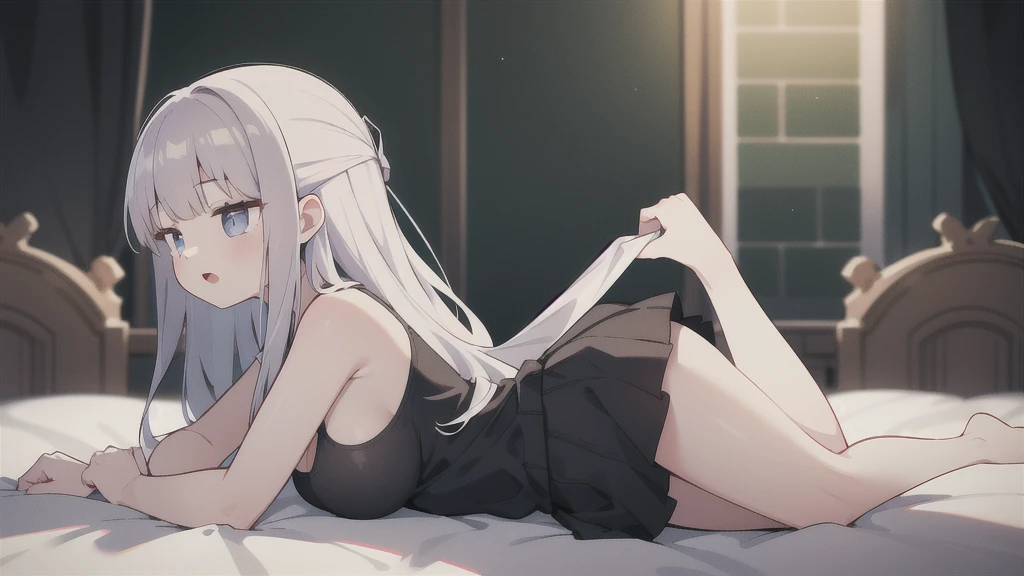 best quality, dynamic lighting, depth of field, 1 girl, from side, slightly open mouth, white hair, long curly hair, black tank top, cleavage, short skirt, low key lighting, contrast, grainy texture, vintage effect, high saturation, upward eye, on bed, on stomach, dark room
