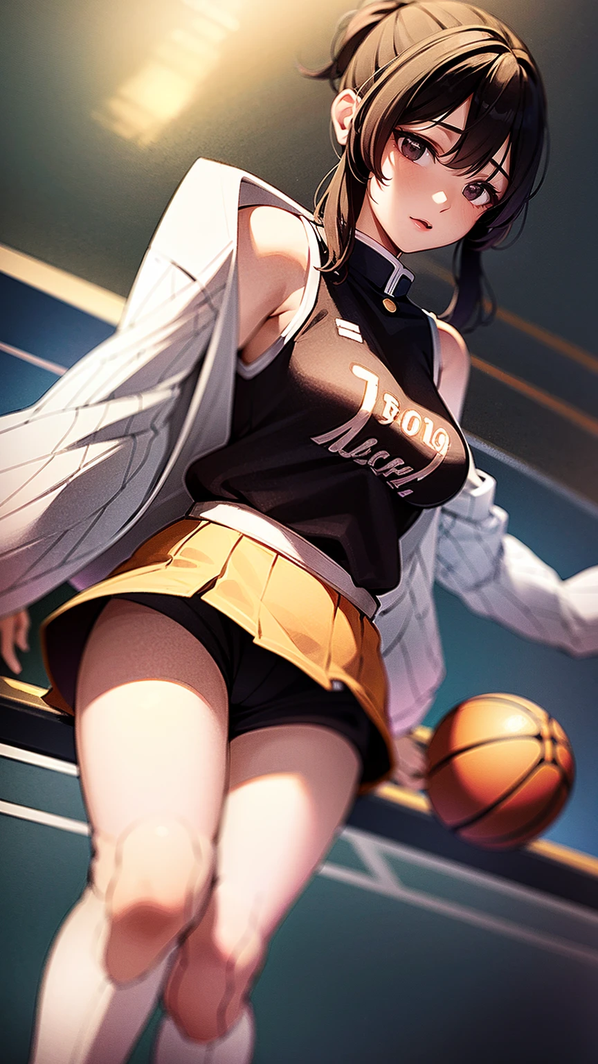 1girl, solo, masterpiece, best quality, ultra-detailed, short hair, tied hair, blunt bangs, black eyes, wearing a yellow basketball uniform, yellow uniform, sleeveless, wearing shorts, basketball, aiming, Lakers, basketball (object), basketball uniform, white stockings, running, basketball court, intense match, sports, holding basketball, , (8k), (professional lighting), (detailed illustration), (professional angle), (focus on face), (ultra focus on face),shinobu