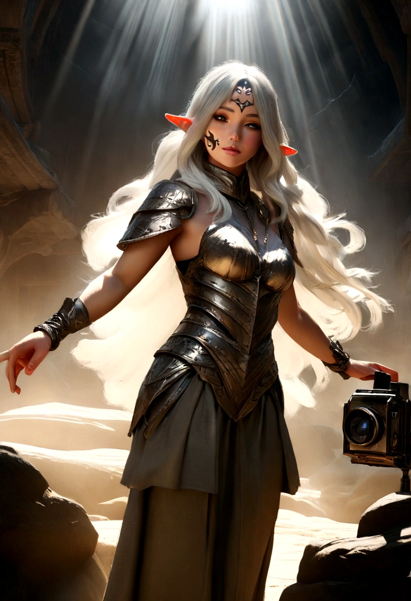 ull body image, 35mm film, grain, 1950's camera, a war princess, 25 year old beautiful elf woman with white hair and cultural face paint wearing cloth armor, intricate, elegant, urban fantasy, bright grey eyes standing next to a beautiful foggy mountain view. She should have long braided, flowing hair, a captivating gaze, and an alluring expression. symmetrical eyes, symmetrical background, cinematic film still from 1980s movie, Kodak portra 800, extremely detailed, extremely detailed eyes, extremely detailed body, extremely detailed skin, extremely detailed clothes, Ultra realistic, symmetrical face , (35mm style:1. 1) , foggy, ((best quality) ), ((masterpiece) ), ((realistic) ), radiant light rays, highres, detailed  features, analog style, digital painting, 3d render, artstation, matte, highly detailed, concept art, Exaggeration, light Aesthetic, magazine, Backlight, light rays magical lighting beams, dust in beam, light color, Exaggeration, instagram, 'light, exciting, enlightening, happy, misty, moody, heavenly, shadowy, Realism, octane render, unreal engine 5, Shaders, Denoise, De-Noise, Ambient Occlusion, Tone Mapping, Moonlight, highres, detailed  features, high detail, sharp focus, octane render, photo_\ (ultra\) , realistic, post-processing, max detail, realistic shadows, roughness, natural skin texture, real life, ultra realistic, photorealism