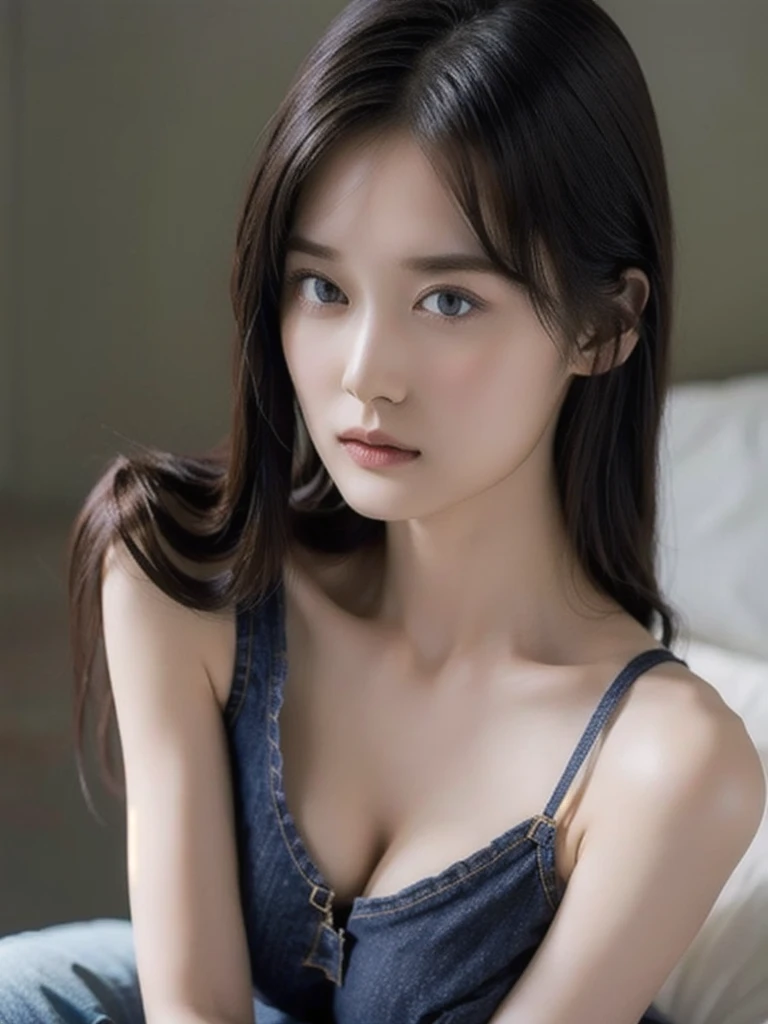 (lifelike, high - resolution:1.3), perfect body, Super fine face and eyes,slong hair, Tank top of random colors:1.2, short jeans, big boob,Expose cleavage