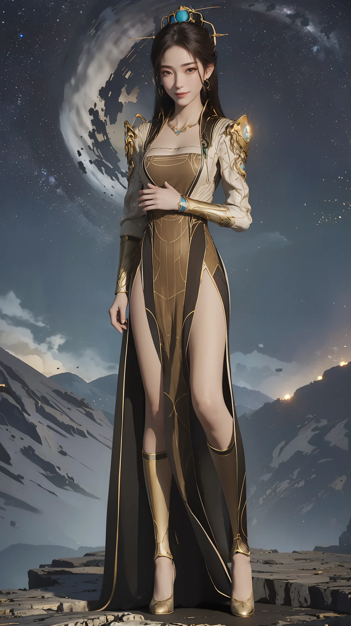 ((Biologically correct number of limbs))、(( Full body image(Including the face)))、4K、masterpiece、((Focus on the face))、((Symmetrical facial features))、The eyes are described in detail、Beautiful woman、Outstanding style、Beautiful arms、Beautiful legs、beautiful hands、(slim)、Facial details、Small earrings、necklace、(black glossy、Shiny dress、High heel、radiant skin)Smile、(Beautiful legsのアップ)、Sweat,Starry Sky,Starry Sky背景,Deep View,above wateshnet,穿着Fishnet