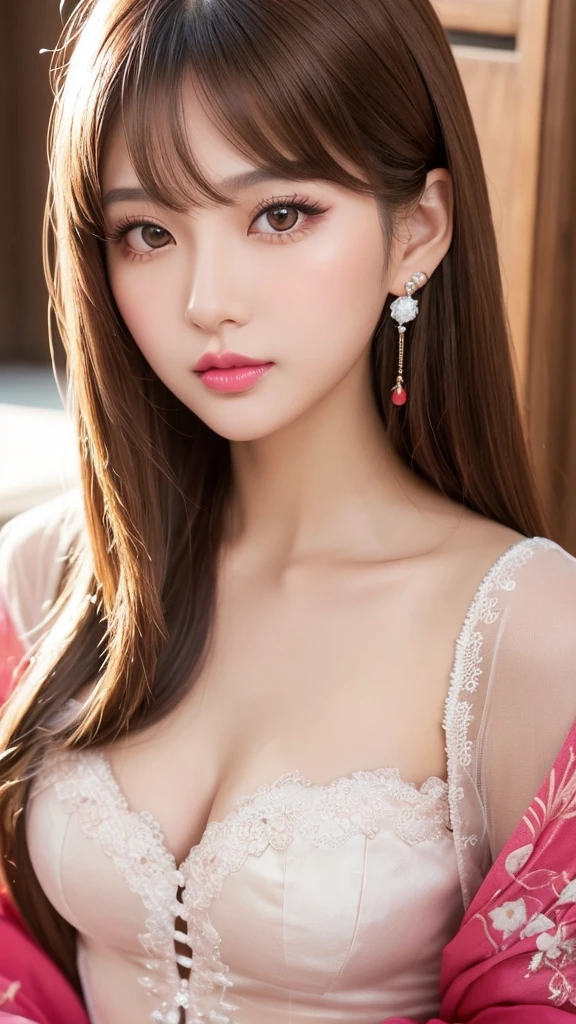 a close up of a woman with long hair and a pink lipstick, beautiful aesthetic face, brown eyes and white skin, clear lips and high quality, attractive female face!!!, light brown piercing eyes, beautiful japanese girls face, extremely beautiful face, lovely delicate face, gorgeous chinese model, red contact lenses, bright piercing brown eyes, photorealistic beautiful face