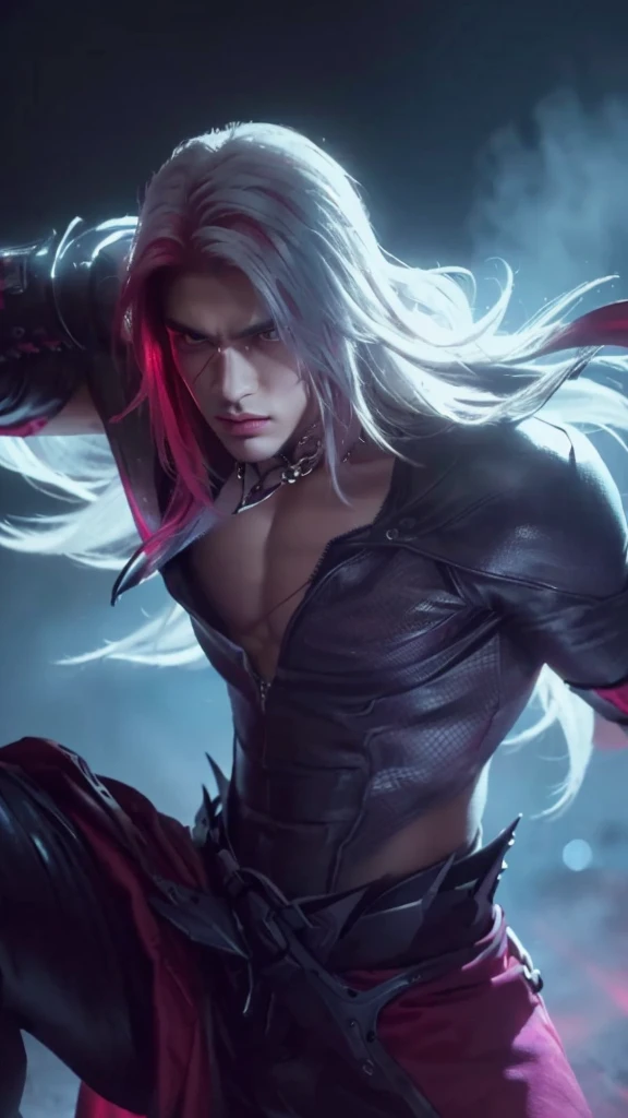 a handsome boy with striking white and red hair,extremely detailed face,piercing eyes,sharp nose,sensual lips,chiseled jawline,muscular physique,son of sparda,photo-realistic portrait,dramatic lighting,cinematic composition,dark fantasy,moody atmosphere,rich color palette,masterpiece
