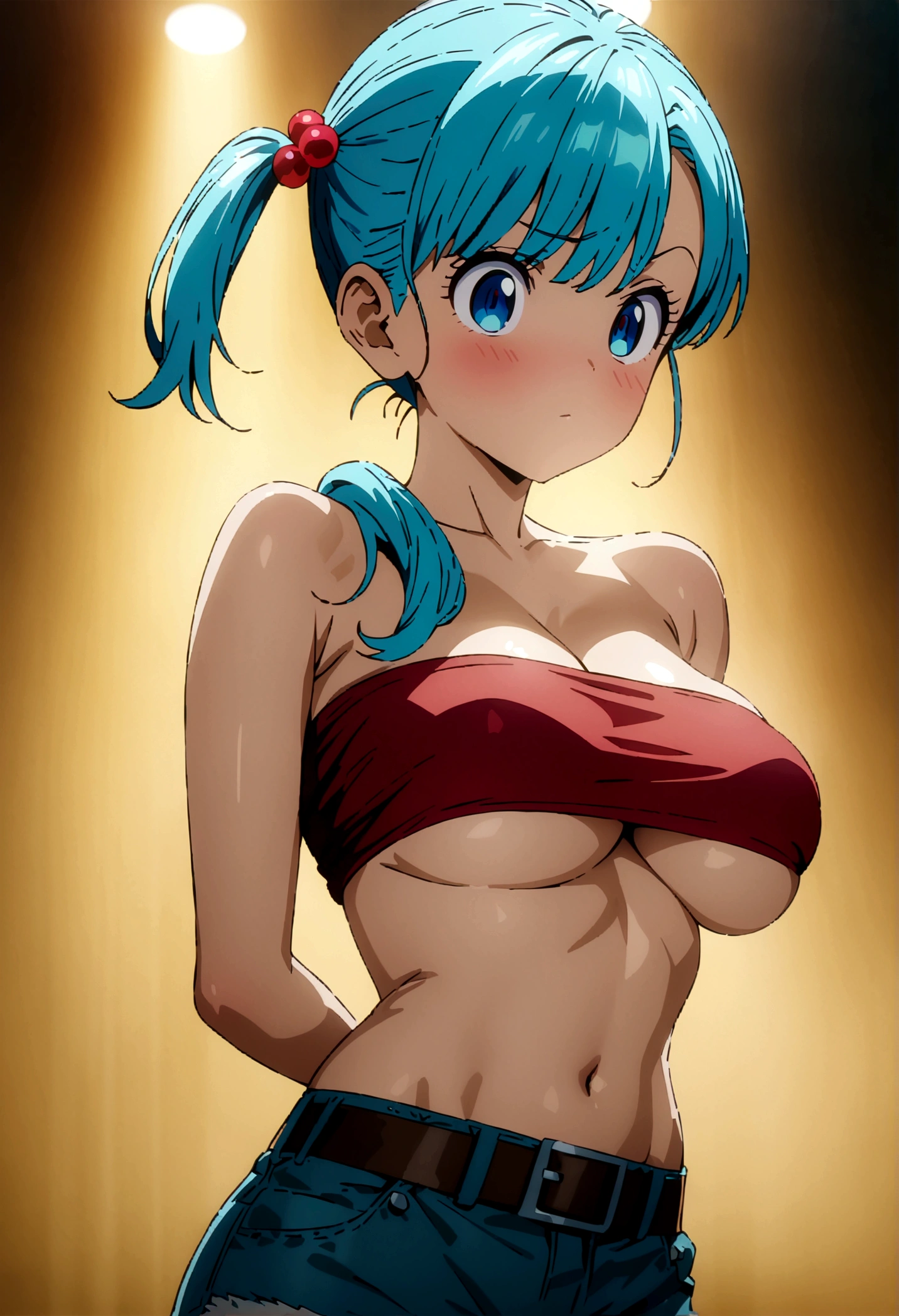 score_9, score_8_up, score_7_up, BREAK from side, ,macro shot,bulma, blue eyes, blue hair,bare shoulders, belt, cleavage, hair bobbles, hair ornament, hair over shoulder, (big breast),midriff, navel, one side up, red tube top, shorts, side ponytail, (strapless, tube top,under_boob:1.2),(arms up,arms behind back,contrapost,standing),masterpiece, best quality, ultra detailed, highres,4k,(illustration:0.5), (ray tracing,:0.8),(anime colored:0.7),(ai-generated:0.5), (anime screencap:0.8),cinematic lighting,professional lighting