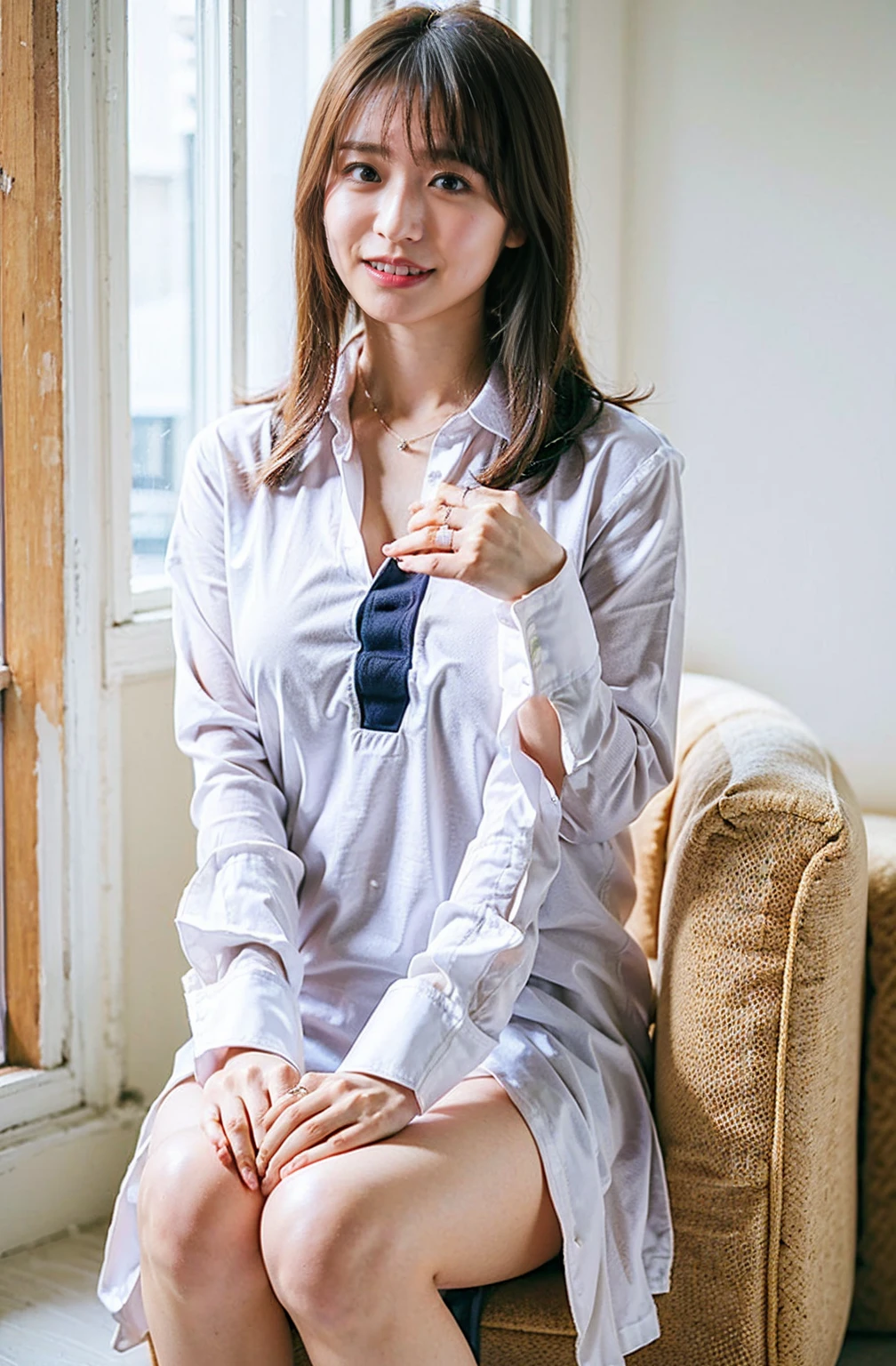 ((Hands roll up shirt、She is wearing a navy polo shirt and luxurious white panties.、:1.4))、Navy blue polo shirt and white panties、Outdoor shots、Cream hair color、Her huge breasts are obvious even through her clothes..、Small earrings、Light brown hair color、:1.4))、Shiny Hair、Light beige hair color、Background Blur、Light brown hair、{{Cowgirl Shot}}、((Close-up shot from the waist up、Big Breasts:1.4))、Big Breasts、にっこりsmile、服からでも分かるBig Breasts、Cowboy Shot、素敵なsmile、((Revealing clothing))、Full body photo、ring、Tuck your hair behind one ear、Silver Necklace、smile、Caustics、Highly detailed photos、Big Breasts、Super no makeup、(8K、RAW Photos、Highest quality、masterpiece:1.2)、(Realistic、Realistic)、1 Girl、((Big Breastsショートヘア、Looking into the camera:1.4))、Hair blowing in the wind