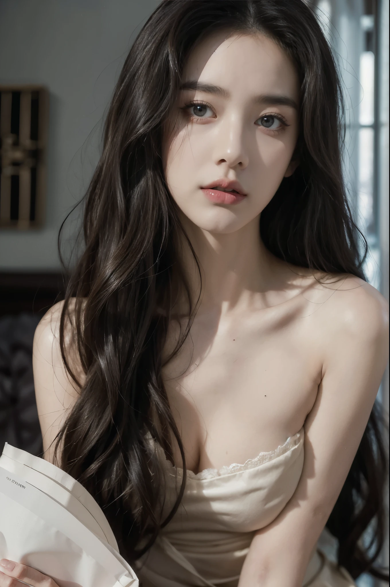 (((best quality))), (((ultra detailed))), (((masterpiece))), illustration,a beautiful girl,solo,slim,thin,messy hair,shoulder length straight bob hair,Dark Circles,Eyes bloodshot,(sad expression:1.3),flat chest,sitting on the bed,in a bedroom,strapless lace bra,deep in thought, dimly lit room, soft glow of a digital clock, dark curtains, seclusion and introspection, disheveled hair, shadowed eyes, sleeplessness, delicate features, fragile beauty, pale skin, rouge on cheeks, heavy atmosphere, silence, soft hum of a refrigerator, woman's expression of deep contemplation, searching eyes, capturing the essence of struggle, vulnerability,(dark night scene:1.3),close-up of face