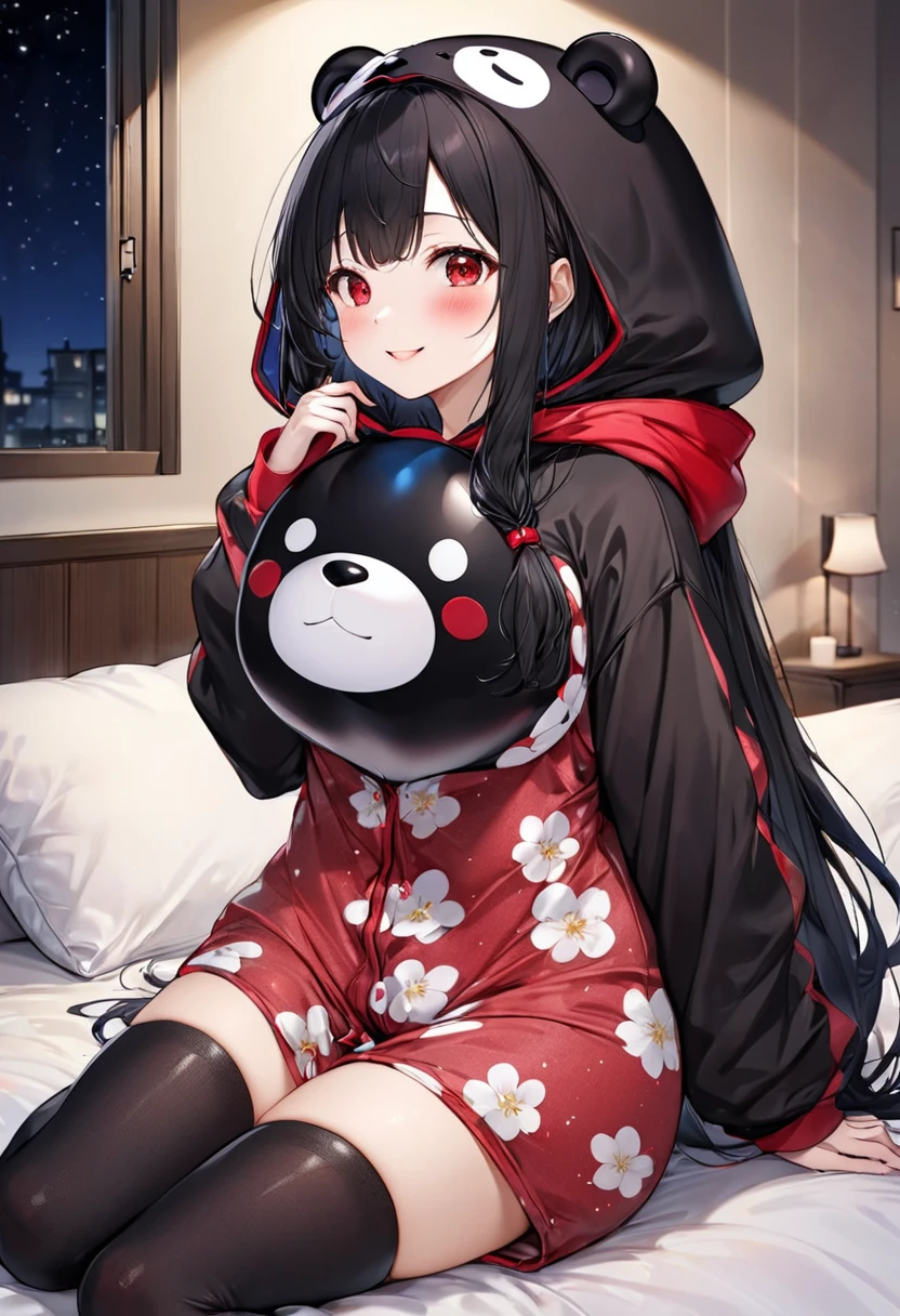 (Kigurumi pajamas style) (18 yo, solo straight:1.2 black hair long hair sexy dominance lady, sexy red eyes, love smile, big tits), (in a Kumamon:1.5 hooded, kumamon kigurumi pajamas), break, in the lovely bedroom of night, BREAK, masterpiece, best quality, 16k, beautiful detailed night, daydreaming expression.
