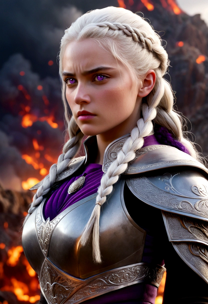 A realistic image for a photograph of a Targaryen princess in the appearance of a Targaryen warrior. Her body is incredibly defined, muscular, and feminine, reflecting both strength and grace. Her white hair cascades in multiple braids, adorned with intricate details. Her clear violet eyes emit a radiant energy, giving her an almost otherworldly aura. Her thick and precisely shaped eyebrows frame her striking and perfectly symmetrical face.

The teenage girl of classic Valyrian appearance, with white hair, purple eyes and slim build, with violet eyes. Her expression is one of solemn determination, reflecting her preparation for battle. In the background, An active volcano spews fiery plumes, Its molten intensity contrasting with the gray sky above.

The camera chosen captures the warrior's entire body, showing both her warrior stance and her inherent elegance. The image conveys the perfect mix of beauty, strength, and ferocity that defines this Targaryen warrior. The contrast between his delicate features and his robust physique, combined with the fiery backdrop, creates an image that is both captivating and evocative, Cinematic, Hyper Detailed, Crazy Details, Beautifully Colored, Unreal Engine, DOF, Super Resolution, Mega Pixel , cinematic Lightning, Antialiasing, FKA, TXAA, RTX, SSAO, Post-processing, Post-production, Tone mapping, cgi, visual effects, sound effects, Incredibly detailed and intricate, Hyper maximalist, Hyper realistic, volumetric, Photorealistic, ultra photoreal , ultra detailed, intricate details, super detailed, full color, volumetric lightning, HDR, realistic, Unreal Engine, 16k, sharp focus, octane rendering