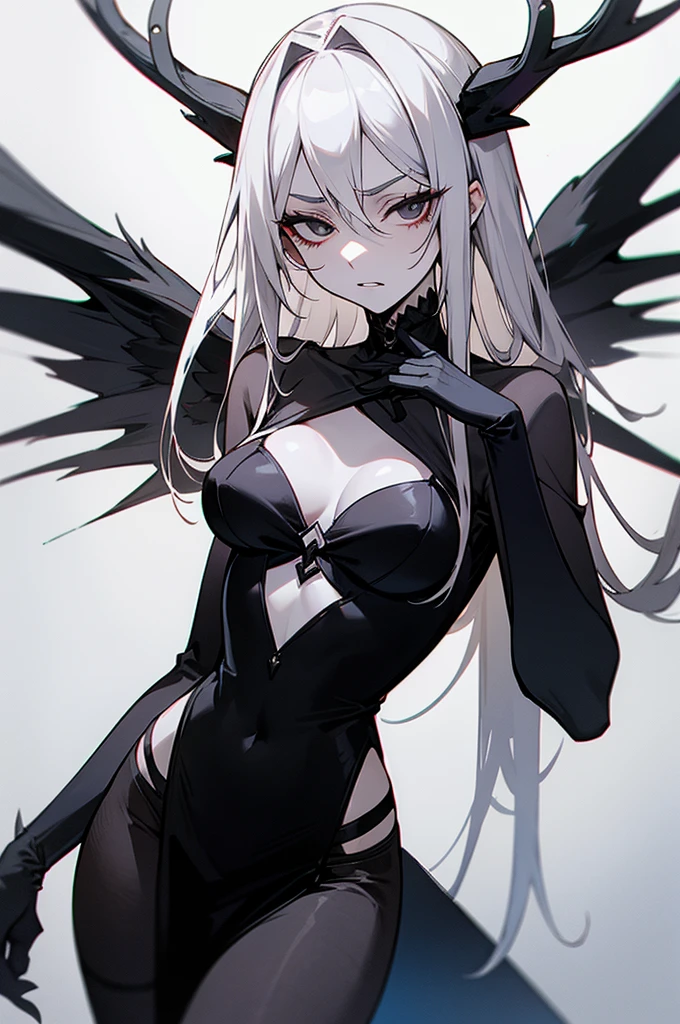 Izanami Demon of death, appearance of a 26-year-old woman, very elegant and expensive black dress, totally black eyes, dark gray flesh and blood, very pale skin, light gray hair, black claws, sharp gray teeth, great beauty ,dark gray deer antlers on her head,she is about 255 cm tall,she has 2 bone wings on her back,serious expression,very good body,Pamela elegant black color and face,Expensive and elegant black heels,Power ∞, Stamina ∞, Physical abilities ∞, Immunity to anything, Absolute control over death, Serious and elegant attitude, somewhat expressionless, neutral, somewhat insensitive, Axesual, Aromantic, Age 80, Dark divinity, Conceptual demon, Real age eons, Cup breasts K 122 cm, xexi,
