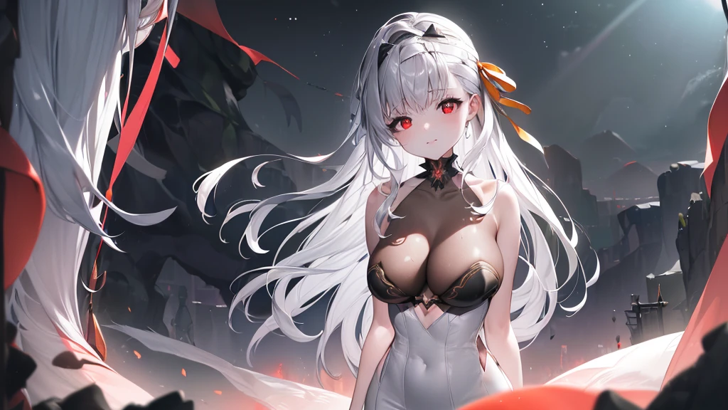 ((((Obra maestra, La mejor calidad, ultrahigh resolution)))), 1girl, standing, (cute maid costume), ((long pure silver hair and grey mesh hair, hair over eye)), long hair cut, pale skin, ((red eyes)), glowing_eyes, neon eyes, (ultra detailed eyes:0.7, beautiful and detailed face, detailed eyes:0.9), ((centered)), smile, ((wide shot)), facing viewer, ((vibrant background, bright lighting, summer, sunlight)), flat chested, looking at viewer, ((half closed eyes)), ((perfect hands)), (((head:1, arms, hips in view, elbows, arms, legs, in view))), ((hands behind back)), empty eyes, beautiful lighting, ((outside, outdoors)), defined subject, head tilt, (((gritty)), ((creepy)), ((cool)), ((beautiful)), (((SFW)))