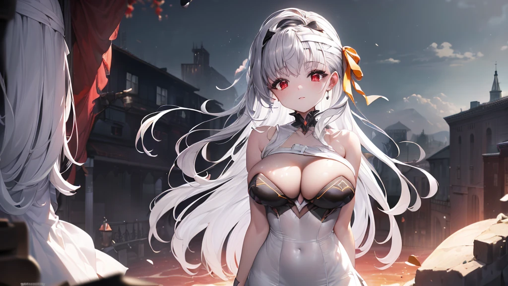 ((((Obra maestra, La mejor calidad, ultrahigh resolution)))), 1girl, standing, (cute maid costume), ((long pure silver hair and grey mesh hair, hair over eye)), long hair cut, pale skin, ((red eyes)), glowing_eyes, neon eyes, (ultra detailed eyes:0.7, beautiful and detailed face, detailed eyes:0.9), ((centered)), smile, ((wide shot)), facing viewer, ((vibrant background, bright lighting, summer, sunlight)), flat chested, looking at viewer, ((half closed eyes)), ((perfect hands)), (((head:1, arms, hips in view, elbows, arms, legs, in view))), ((hands behind back)), empty eyes, beautiful lighting, ((outside, outdoors)), defined subject, head tilt, (((gritty)), ((creepy)), ((cool)), ((beautiful)), (((SFW)))
