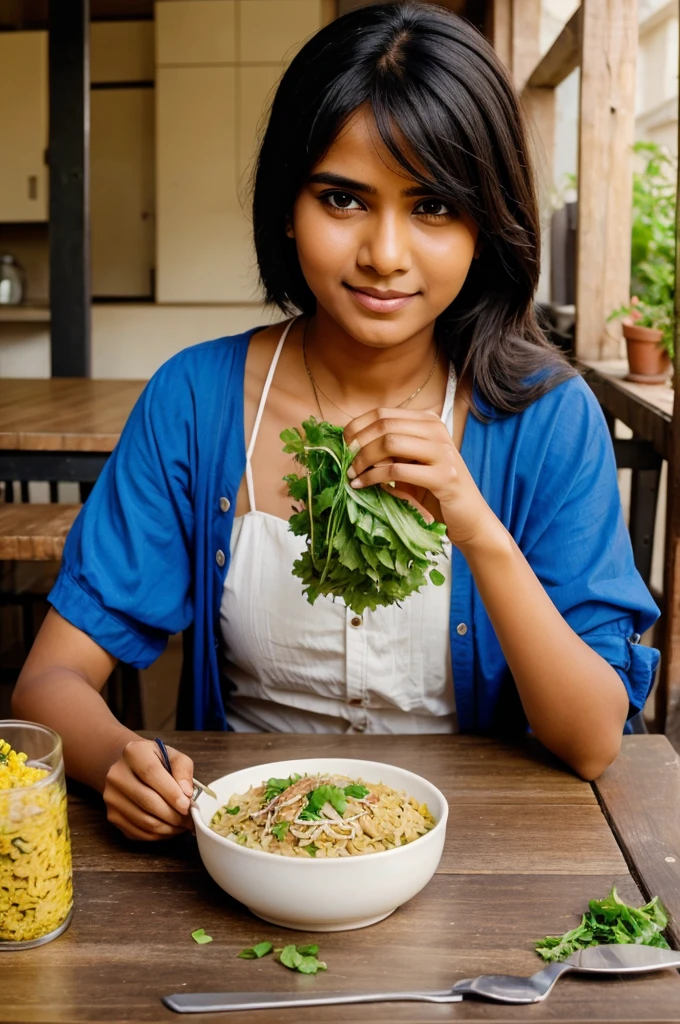Create a image of a person eating poha