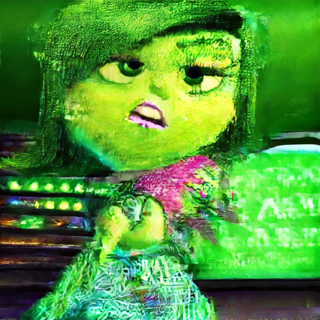 anatomically correct, masterpiece, best high quality, RAW Photo, perfect anatomy, 4k, quality lighting, detailed hands, detailed feet, detailed eyes, solo, female character, green dress, dark green pants, purple shoes, purple neck scarf, green hair, green skin, thick thighs, wide hips, big breasts, presenting