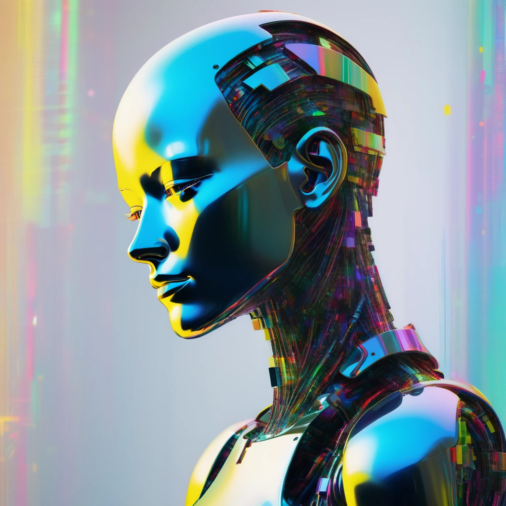 The artwork robotic figure, against a bright background that is partially obscured by glitch effects. The figure's head is tilted slightly to the side, as if lost in contemplation. The image highlights the ral-glydch technique through the use of glitch effects, which create a sense of