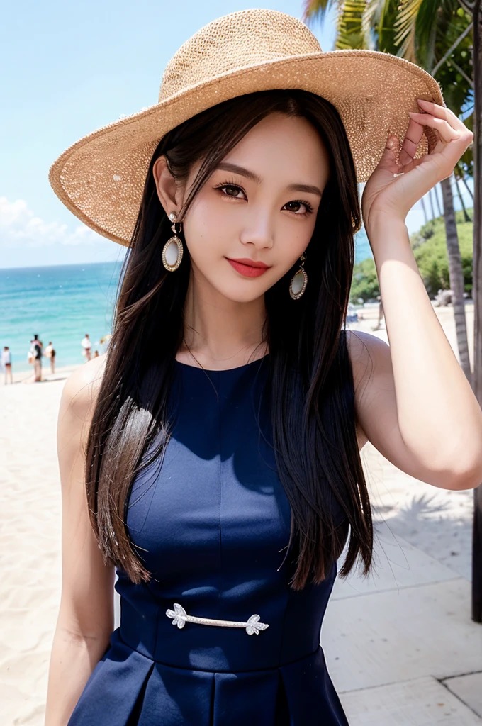 1 Girl, Solitary, Practical, Smile, Head tilt, Suspender Skirt, Grin, Upper Body, ( Beach, background:1.5), (OK:1.5), ulzzang-6500v1.1, (The original: 1.2), (Practical: 1.3) , beautiful girl,Beautiful details, Extremely detailed eyes and face, 眼睛有着Beautiful details, absurd, incredibly absurd, Huge file size, Ultra Detailed, high resolution, Ultra Detaileded, 最OK质量, masterpiece, illustration, Ultra Detaileded and beautiful, Ultra Detaileded, CG, Unite, 8k wallpaper, Astonishing, Fine details, masterpiece, Top quality, Official Art, extremely detailed CG Unite 8k wallpaper, light, (Perfect radiant skin:0.6), Slim and smooth lines, (floating), (Small :1), Diamond Earrings,