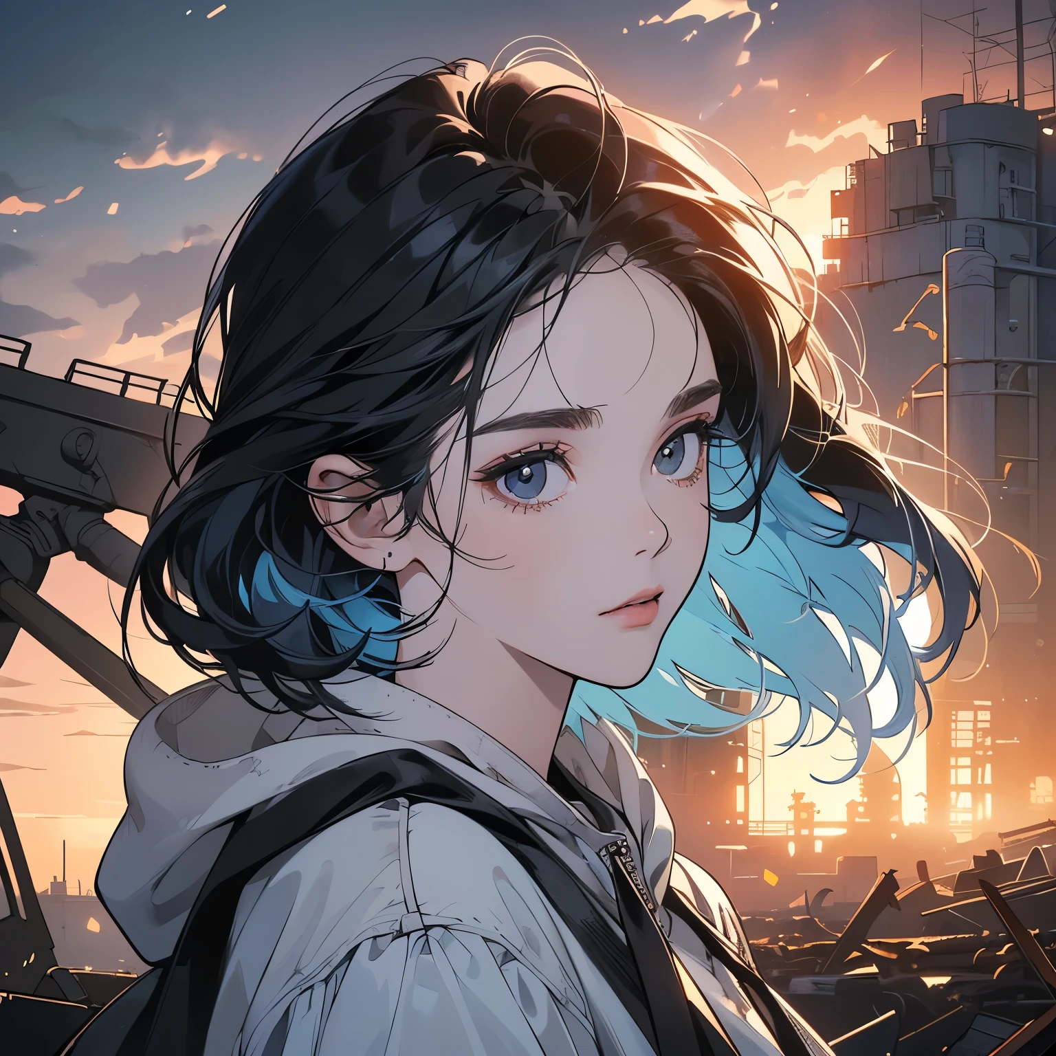 (((one only woman))), (((perfect face))), 14k, (((ultra detailed background))), (((top quality))),upper body, head shot, ultra detailed hair, mysterious, (((pale lighting))),(((night view))),ultra Detailed white hoodie, (((Various unique hairstyles))), ultra beautiful women, goddess,(((Detailed face))), (((Various poses))), (((Various angles))), (((wind is blowing))), (((Inside a dilapidated factory))), grass growing, moonlight,(((Various hair colors))),(((ultra Detailed sperkling black eyes))),(((Broken heavy equipment))),(((Light on the face.))),Rusty cranes, rusty trucks,black hair,looking at viewer,short hair