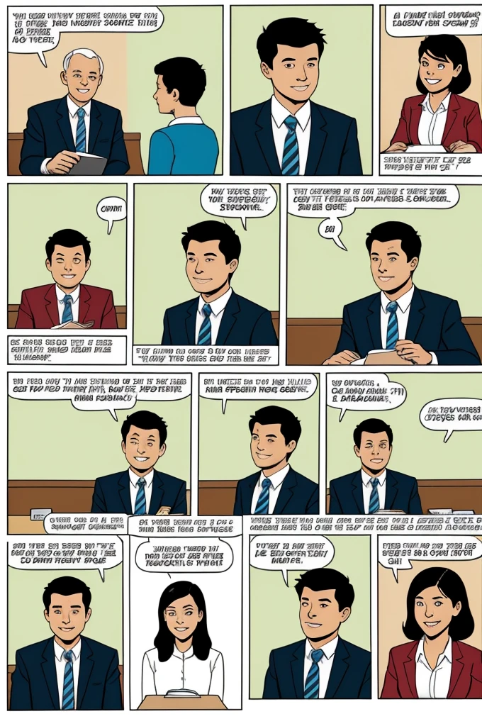 Create a comic strip using this script 
Panel 1:
[Scene shows a workplace break room with colleagues chatting.]
Colleague 1: "Did you hear about the new project?"
Panel 2:
[Another colleague, Sam, joins the conversation.]
Sam: "Yeah, I think we should use gender-neutral terms in our presentation."
Panel 3:
[Colleague 1 looks interested.]
Colleague 1: "Like what?"
Panel 4:
[Sam suggests with a smile.]
Sam: "Instead of 'chairman,' how about 'chairperson'?"