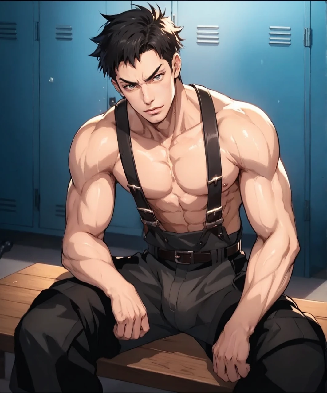 1man, male focus, Tsutzuki Ushio, at cafeteria, wearing gym clothes, muscular, table, cup of coffee, mobs at the background, erection tent, bulge, bulged pants, erection outline