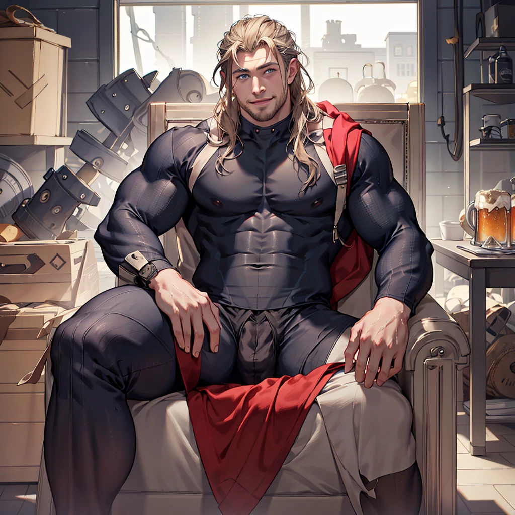 8k , masterpiece,  solo man , 1 man only , detailed face , detailed fingers,  detailed muscles,  detailed background,  chris hemsworth as thor relaxing on a chair with spreadlegs ,showing muscles and bulge  smiling , satisfied from his victory,  wearing his THOR SUIT , near him his hammer , drinking a glass of beer 