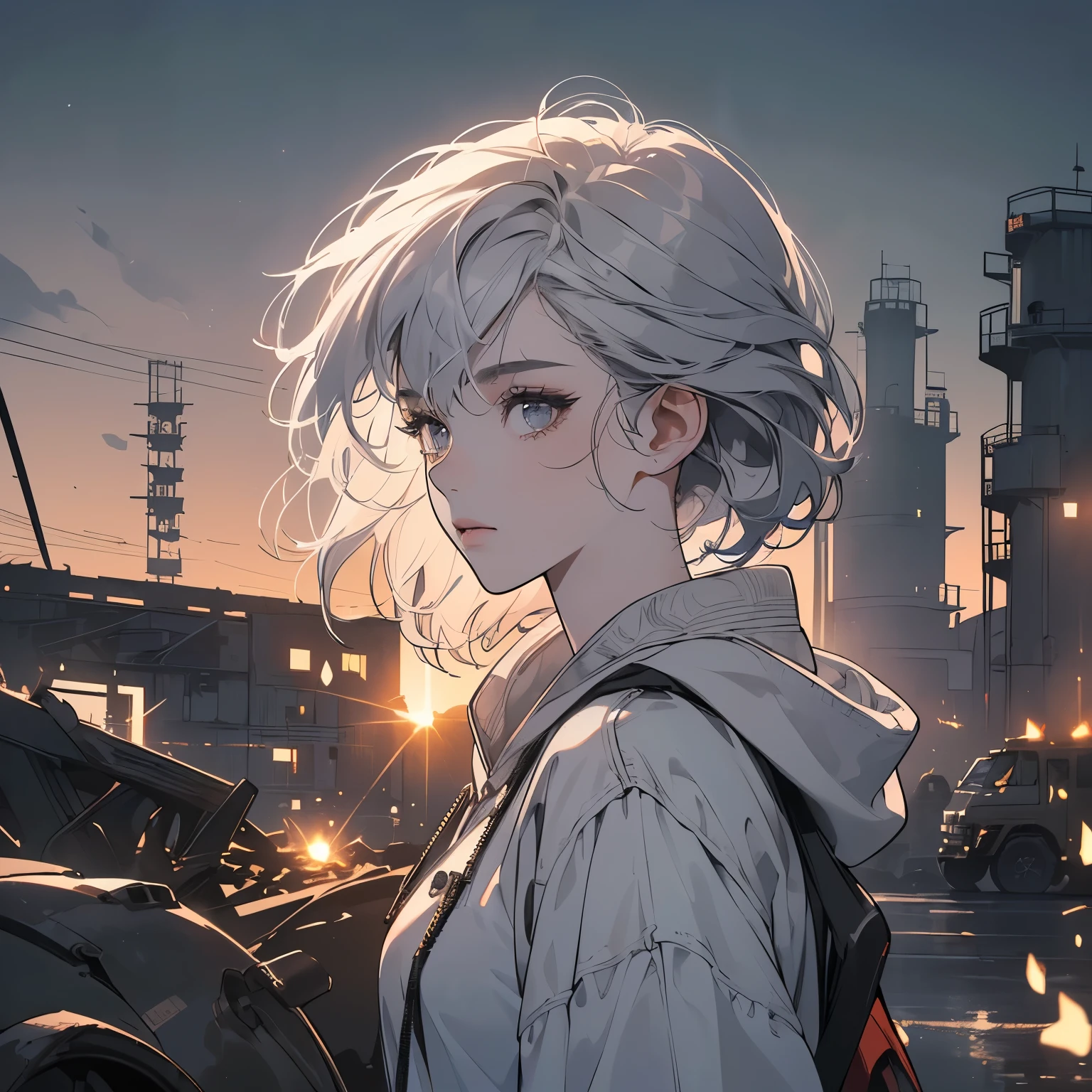 (((one only woman))), (((perfect face))), 14k, (((ultra detailed background))), (((top quality))),upper body, head shot, ultra detailed hair, mysterious, (((pale lighting))),(((night view))),ultra Detailed white hoodie, (((Various unique hairstyles))), ultra beautiful women, goddess,(((Detailed face))), Various poses, (((Various angles))), (((wind is blowing))), (((Inside a dilapidated factory))), grass growing, moonlight,(((Various hair colors))),(((ultra Detailed sperkling dark gray eyes))),(((Broken heavy equipment))),(((Light on the face.))),Rusty cranes, rusty trucks,pale white hair,looking at viewer,short hair