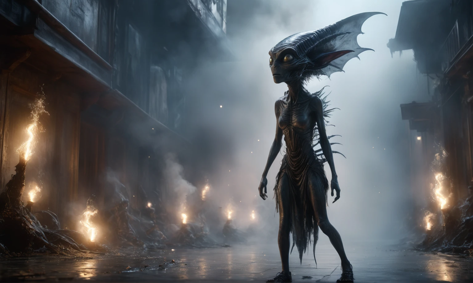 full body length,niobium goblin,native africa xenomorph,once pretty face,eyebrow up,full body shot,ominous landscape,niobium gray atmosphere,photo,photorealism,Masterpiece,natural skin textures, hyper realism,hyper detailed,High contrast,Realism,Ultra Detailed,irina yermolova,close full body shot,32K resolution,Nikon Z9, ,demonic, dust, smoke, audience, mist, featuring ultra-realistic and hyper-realistic elements,
  Marta Bevacqua, Ellen Jewett, Kawacy, Katsuya Terada, Carne Griffiths, explosive lightning, concert lighting,  bokeh,  luminal space that feels
 both bright and surreal. Includes liquid fluid elements for added depth and movement. Rendered in an unreal 
engine and post-processed to achieve . Evokes a sense of dreamy, ethereal 
and mystical mood,horror pixar movie still,thriller disney movie ,pixar render, animated 