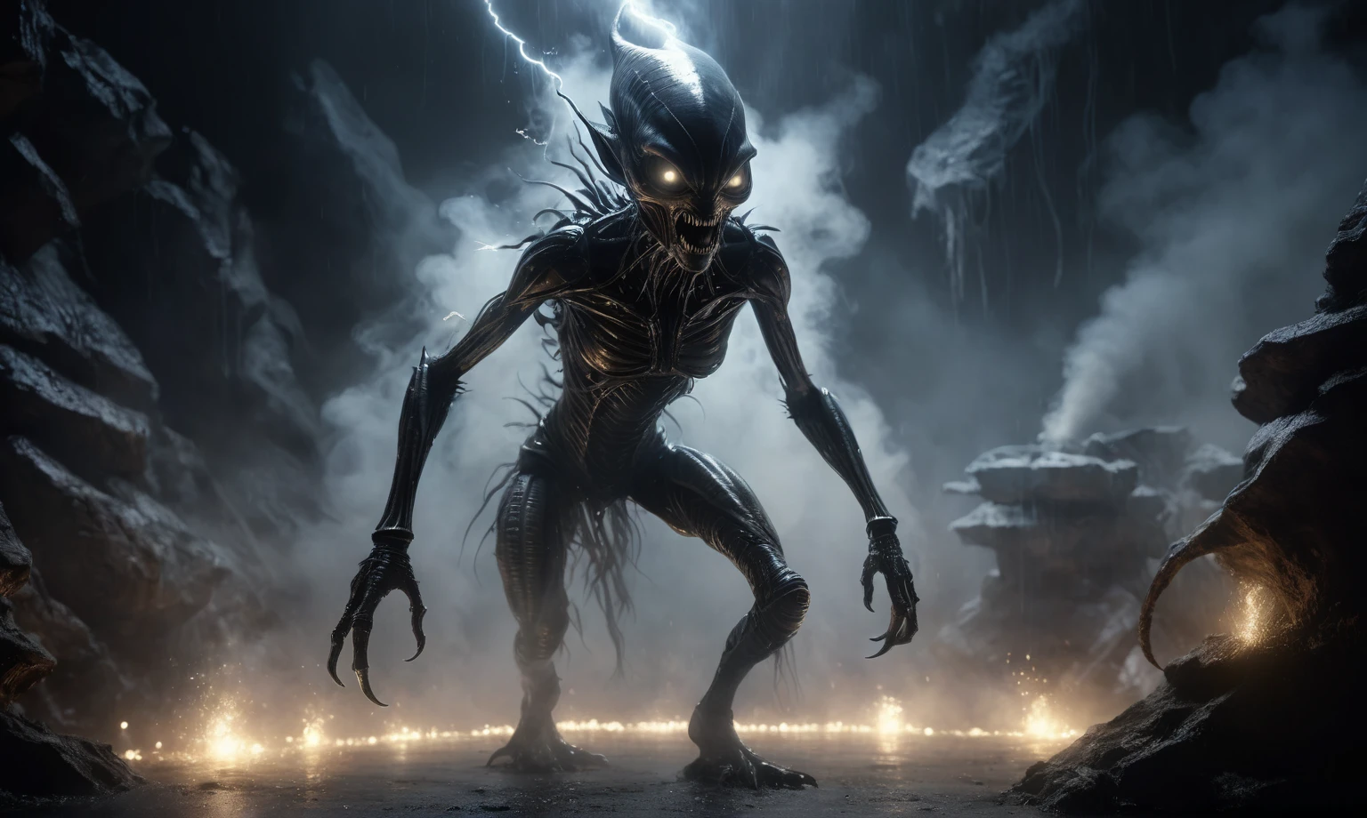 full body length,niobium goblin,native africa xenomorph,once pretty face,eyebrow up,full body shot,ominous landscape,niobium gray atmosphere,photo,photorealism,Masterpiece,natural skin textures, hyper realism,hyper detailed,High contrast,Realism,Ultra Detailed,irina yermolova,close full body shot,32K resolution,Nikon Z9, ,demonic, dust, smoke, audience, mist, featuring ultra-realistic and hyper-realistic elements,
Marta Bevacqua, Ellen Jewett, Kawacy, Katsuya Terada, Carne Griffiths, explosive lightning, concert lighting, bokeh, luminal space that feels
both bright and surreal. Includes liquid fluid elements for added depth and movement. Rendered in an unreal
engine and post-processed to achieve . Evokes a sense of dreamy, ethereal
and mystical mood,horror pixar movie still,thriller disney movie ,pixar render, animated