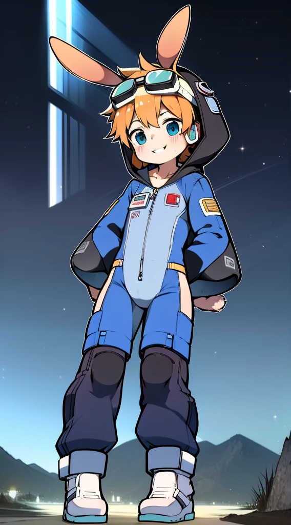 2D Shonen ,One-piece mountaineering suit,Slim, healthy body,Put the headphones on your head,stand up,goggles,Rabbit ears,Happy,Sailor collar,tie,zipper,hood