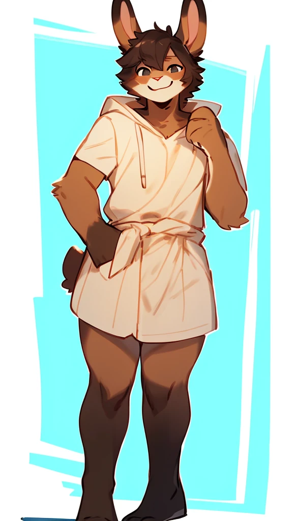By bebebebebe, by lostgoose, by goonie-san, solo, with one hand behind and the other forward, very defective boy, rabbit, sexy, hair, smiling, happy, full body,