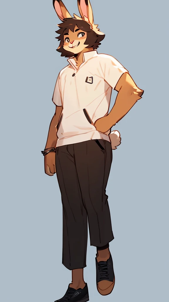 By bebebebebe, by lostgoose, by goonie-san, solo, with one hand behind and the other forward, very defective boy, rabbit, sexy, hair, smiling, happy, full body,