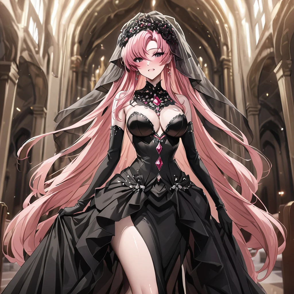 ((Highest quality)), ((masterpiece)), (detailed), （Perfect Face）、The woman is Lacus Clyne, with medium-long pink hair, and is wearing a gorgeous, jeweled, , and  black wedding dress, a gorgeous black wedding veil, and gorgeous jeweled accessories in a gorgeous evil bridal outfit.、In a luxurious church wedding hall, a woman is getting married, embracing the arm of a dignified and powerful middle-aged evil emperor dressed in a luxurious black outfit.、The woman has long hair