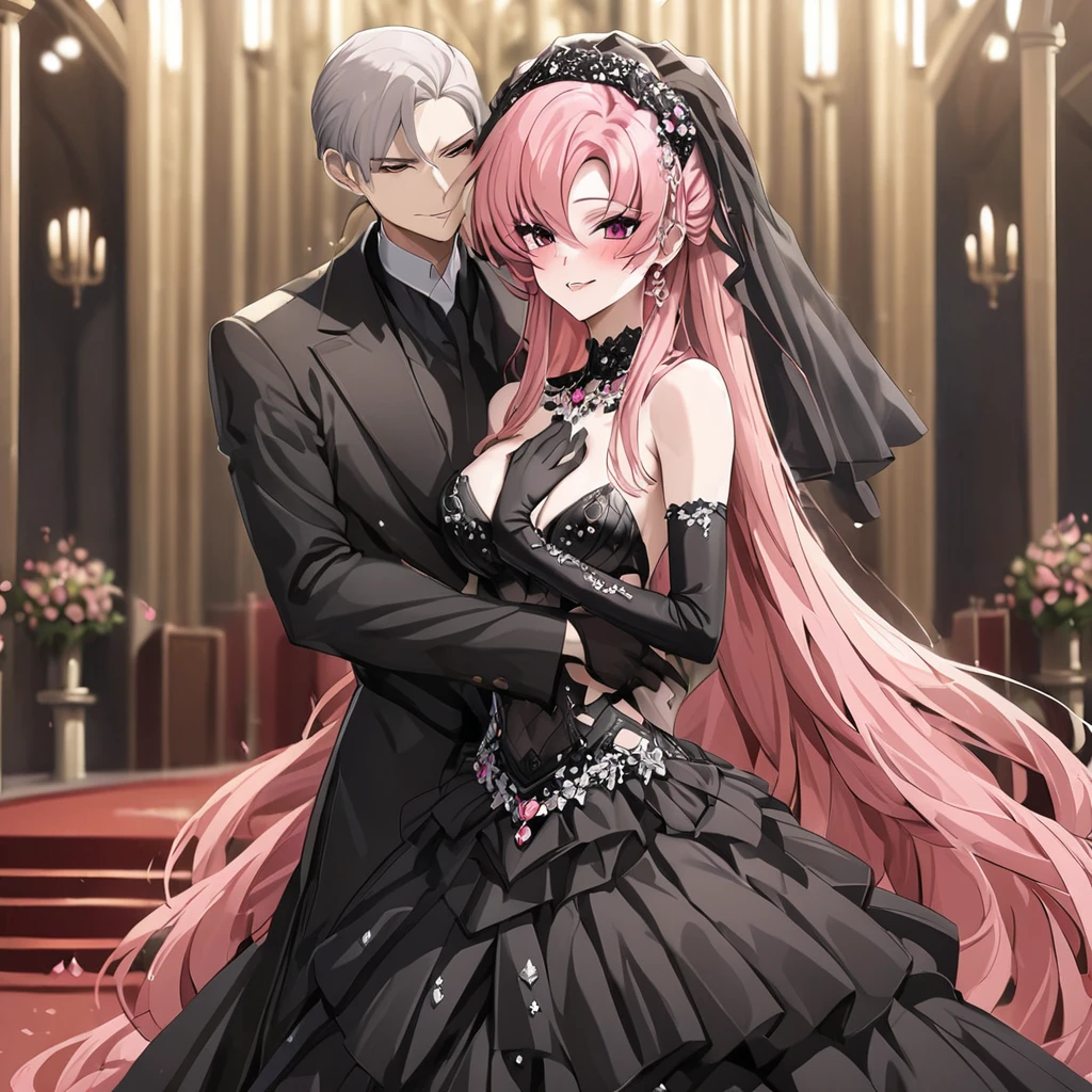 ((Highest quality)), ((masterpiece)), (detailed), (Perfect Face)、The woman is Lacus Clyne, with medium-long pink hair, and is wearing a gorgeous, jeweled, sexy, and seductive black wedding dress, a gorgeous black wedding veil, and gorgeous jeweled accessories in a gorgeous evil bridal outfit.、In a luxurious church wedding hall, a woman is getting married, embracing the arm of a dignified and powerful middle-aged evil emperor dressed in a luxurious black outfit.、The woman has long hair