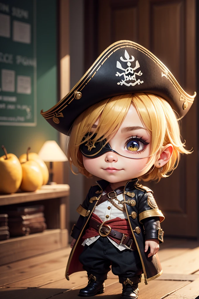 Chibi adorable pear, cloth eyepatch on one eye, large pirate hat, happy, grainy, noisy, concept art, Meaningful Visual Art, Detailed Painting, Digital Illustration, Unreal Engine 5, 32k maximalist, hyperdetailed fantasy art, 3d digital art, sharp focus, masterpiece, fine art