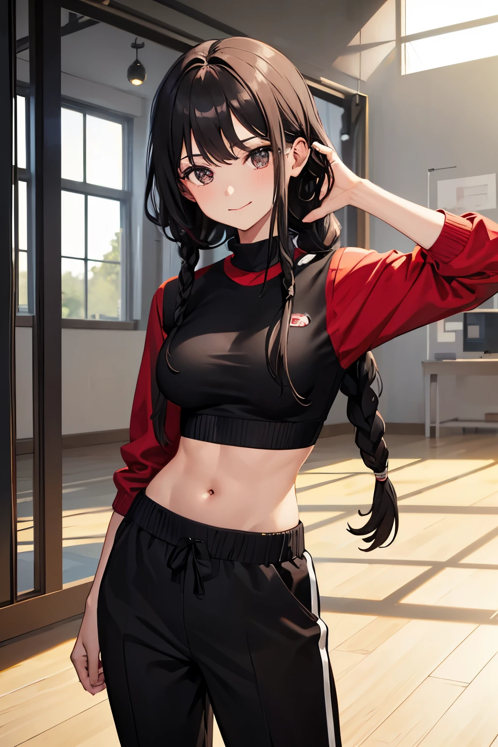 (masterpiece), best quality, stern eyes, perfect face, mature female, black in red croptop and black sweatpants (1girl), solo, locs,dreads hair, muscle growth, in facility, indoors, window, facility like background, standing, looking at viewer, BREAK closed mouth, smile, looking at viewer