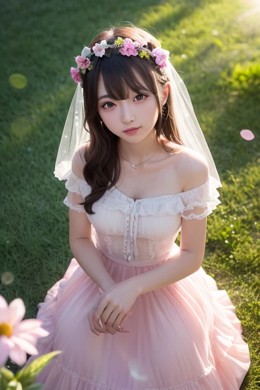 1girl, tayror swift, (pink long dress), (sheer ruffle dress), smile, frilly ribbon on head, A veil made of particles of light on head, japanese idol, in the field many flowers, masterpiece, high quality, beautiful, 4k, beautiful detailed, glow, multiple color hair, from above, depth of field, light particles, HDR, Rembrandt lighting, colorful refraction, lens flare, bloom, film Reflection, colorful refraction, chromatic aberration, light diffusion