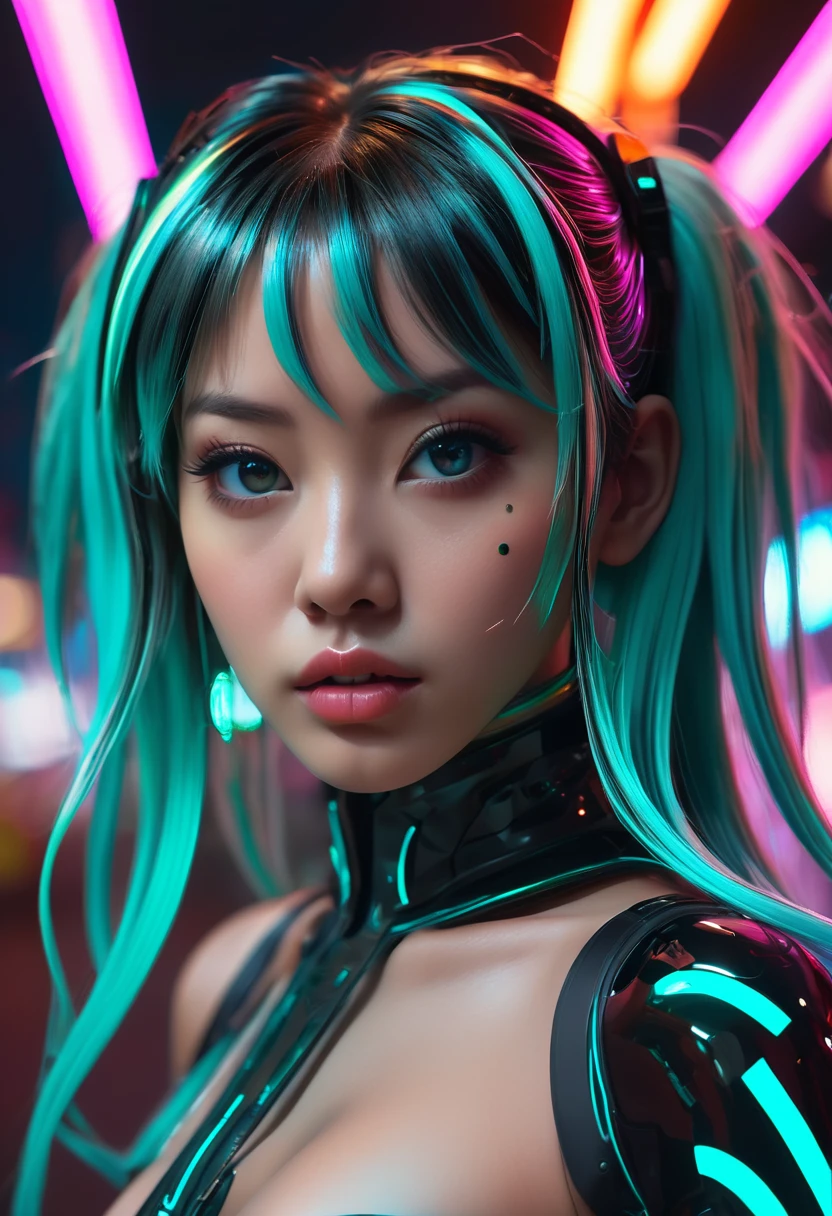 1girl, hatsune miku, black tape project, dutch angle, detailed hair, detailed facial features, detailed eyes, detailed lips, intricate hairstyle, long flowing hair, cyberpunk, neon lights, glowing neon, dark futuristic city, moody lighting, cinematic composition, dynamic camera angle, high contrast, vivid colors, (best quality,4k,8k,highres,masterpiece:1.2),ultra-detailed,(realistic,photorealistic,photo-realistic:1.37) , NSFW.