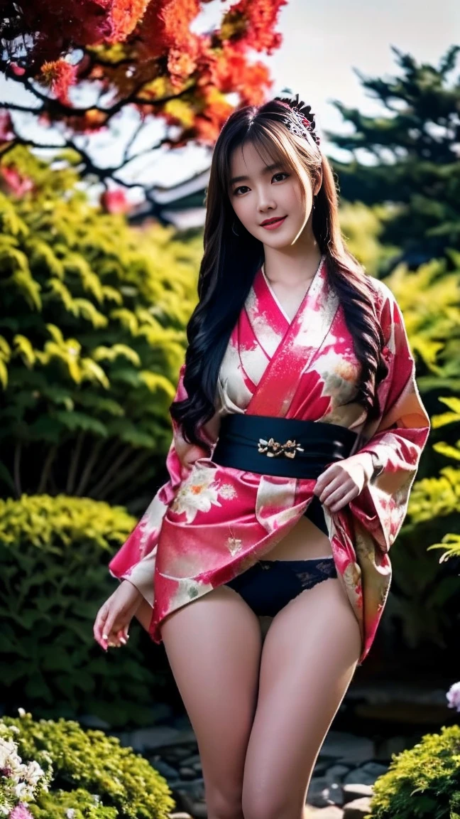 最high quality、high quality、Best image quality、8K、最High resolution、High resolution、最high quality、masterpiece、RAW Photos、whole body photos、Detailed and realistic human body、Detailed and realistic skin、Realistic face in every detail、Detailed and realistic eyes、Detailed and realistic lips、Detailed and realistic teeth、Detailed and realistic ears、Detailed and realistic hair、Realistic reproduction of every detail、Realistic fingers in every detail、(Perfect and beautiful hands、thumb1reference4)、Realistic feet down to the last detail、((Beautiful Japanese Girl))、(Japanese Model)、((18 year old beautiful girl))、(Black Hair)、(Straight hair)、((whole body))、(Slim and perfect figure)、(whole body glossy skin、Fair skin)、Soft natural light、(Maiko-san、geisha、kimono、Long-sleeved kimono、yukata、Japanese tradition、Samurai Residence、Japanese garden、((Colorful floral kimono))、((Standing naturally in the garden(Poses to make your thighs look beautiful))、((Sexy panties visible between her thighs))