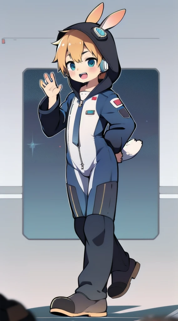 2D Shonen Shota，One-piece mountaineering suit，Slim, healthy body，Put the headphones on your head，stand up，goggles，Rabbit ears，Happy，Sailor collar，tie，zipper，hood，run