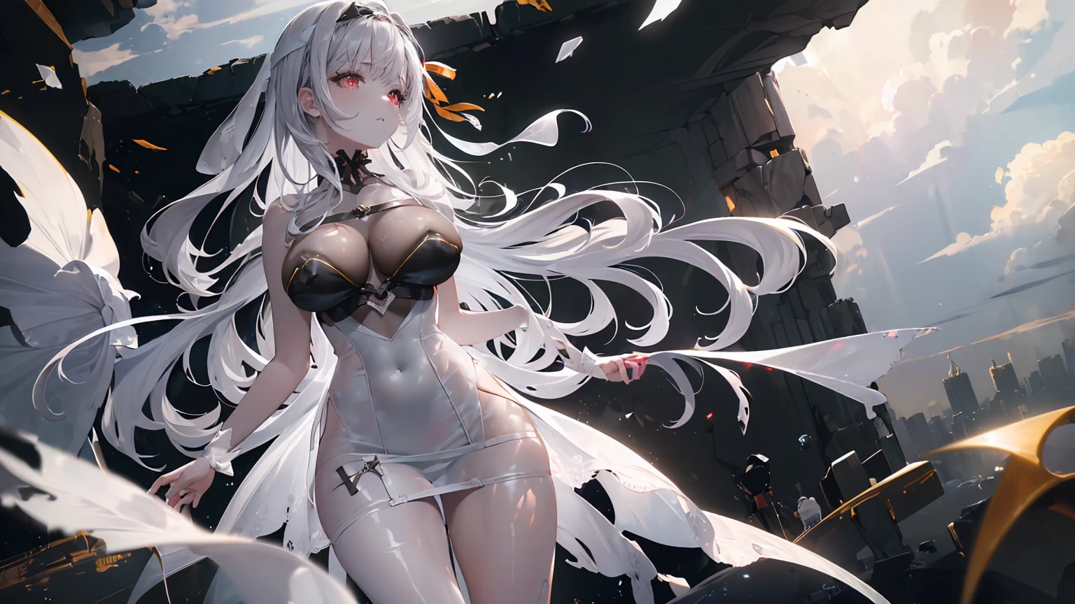 ((((Obra maestra, La mejor calidad, ultrahigh resolution)))), 1girl, standing, (cute maid costume), ((long pure silver hair and grey mesh hair, hair over eye)), long hair cut, pale skin, ((red eyes)), glowing_eyes, neon eyes, (ultra detailed eyes:0.7, beautiful and detailed face, detailed eyes:0.9), ((centered)), smile, ((wide shot)), facing viewer, ((vibrant background, bright lighting, summer, sunlight)), flat chested, looking at viewer, ((half closed eyes)), ((perfect hands)), (((head:1, arms, hips in view, elbows, arms, legs, in view))), ((hands behind back)), empty eyes, beautiful lighting, ((outside, outdoors)), defined subject, head tilt, (((gritty)), ((creepy)), ((cool)), ((beautiful)), (((SFW)))