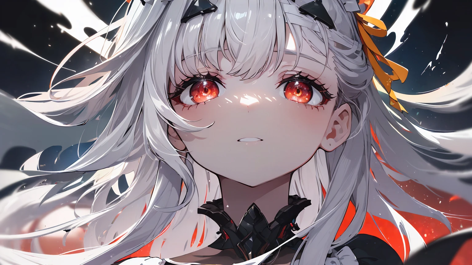 ((((Obra maestra, La mejor calidad, ultrahigh resolution)))), 1girl, standing, (cute maid costume), ((long pure silver hair and grey mesh hair, hair over eye)), long hair cut, pale skin, ((red eyes)), glowing_eyes, neon eyes, (ultra detailed eyes:0.7, beautiful and detailed face, detailed eyes:0.9), ((centered)), smile, ((wide shot)), facing viewer, ((vibrant background, bright lighting, summer, sunlight)), flat chested, looking at viewer, ((half closed eyes)), ((perfect hands)), (((head:1, arms, hips in view, elbows, arms, legs, in view))), ((hands behind back)), empty eyes, beautiful lighting, ((outside, outdoors)), defined subject, head tilt, (((gritty)), ((creepy)), ((cool)), ((beautiful)), (((SFW)))