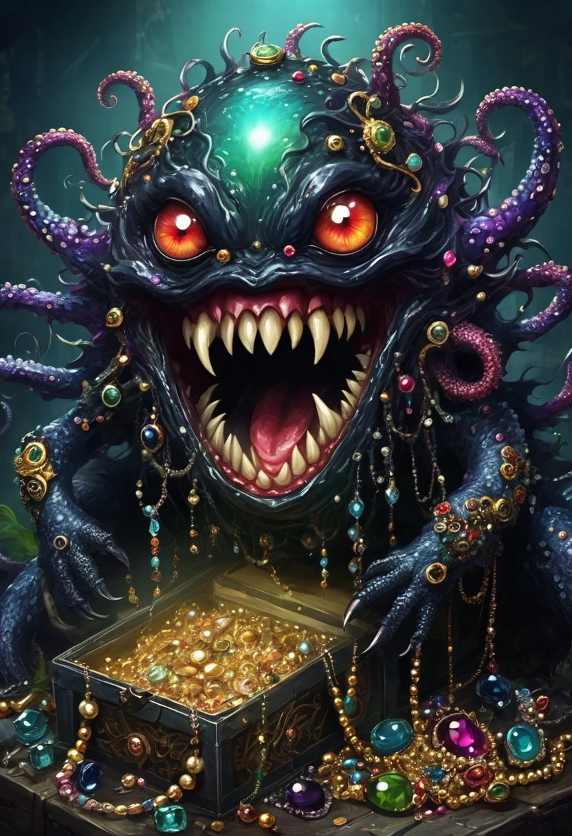 dark，fear，Strange box monster full of jewels - one eye - sharp teeth - ugly，Long tentacles，Scattered jewelry,greedy