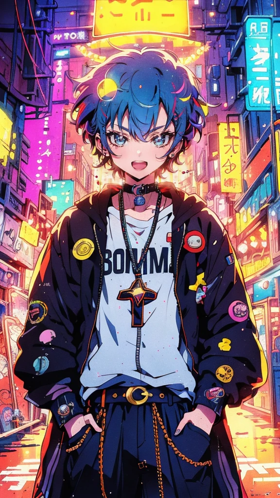 A solo boy ager standing in a vibrant street filled with colorful graffiti, with several smiley faces and 'Bomma' badges on the walls, wearing church-inspired fashion. The scene is lively, with a hint of rebellion and urban culture. Cha Cha dancing in the background, neon lighting, vibrant colors, dynamic angle, high contrast, abasterpiece)), ((best quality)), ultra detailed,((illustration)), dynamic angle, detailed light, (delicate eyes), (ahoge:0.8),apathy, ray,frontage,style of anime4 k, 4k anime wallpaper, badass anime 8 k, 4 k comic wallpaper