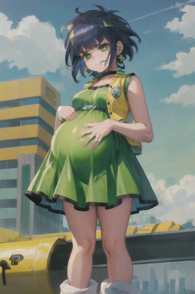 ppgzbtc, green eyes, short hair, earrings, yellow vest, green skirt, boots, standing, frown, city hyper-pregnant 