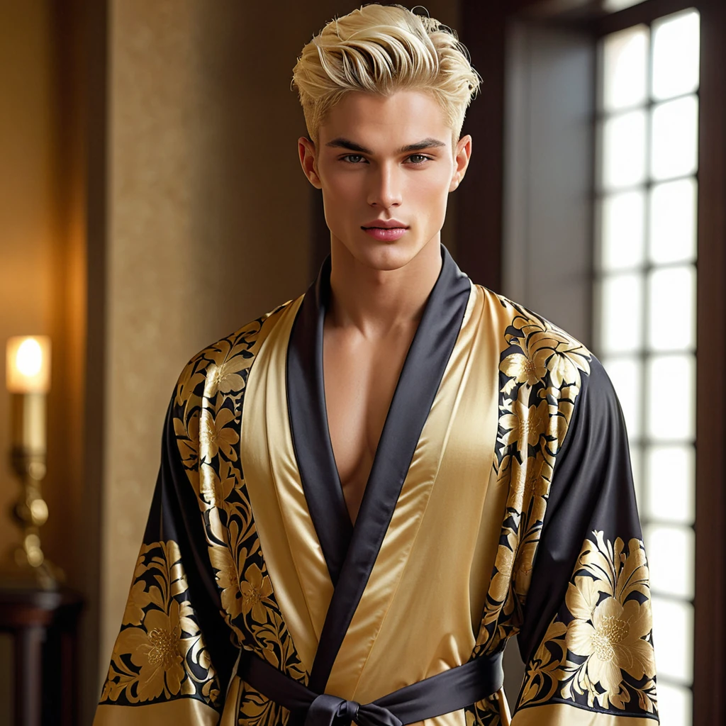Candid Vogue fashion editorial photo featuring a mixed male supermodel, aged 23 angel face like with an attractive and charming presence, short platinum blonde hair in an undercut hairstyle, masculine appearance with slender physique, small pectorals, symmetric face, natural olive skin tone exudes youthfulness and athleticism, he is very photogenic man,
Position him against an ornate dark background featuring a framed floral painting to add depth and richness to the scene, (He wears an open luxurious black and gold patterned robe whit short pajamas pants), revealing a hint of his semi hard bulge, His expression is serene and slightly introspective, with a soft, confident gaze directed slightly off-camera, Utilize natural soft lighting streaming in from a window, casting gentle highlights and shadows that accentuate the contours of his face and the texture of his robe, The light creates a warm intimate atmosphere with a golden tone that enhances his skin and the robe, The interplay of light and shadow adds depth and dimension to the scene, slightly blurred focus background, bringing him into sharp clear detail while the rich tones of the background enhance the overall opulence of the image.
Capture full-body short, dynamic angle, using a Canon EOS R7 and Sigma AF 85mm F1.4 EX DG HSM lens by Thomas Synnamon, Employ a shallow depth of field to focus closely on his face and body while softly blurring the background, Draw inspiration from high-fashion photographer, emphasize detail, texture and a sophisticated luxurious atmosphere, Emphasize the golden warm lighting and its effect on enhancing his features and the robe's rich textures, creating a visually captivating and elegant portrait that exudes warmth and sophistication,