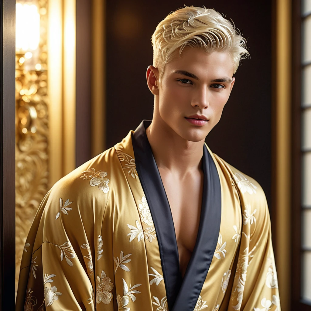 Candid Vogue fashion editorial photo featuring a mixed male supermodel, aged 23 angel face like with an attractive and charming presence, short platinum blonde hair in an undercut hairstyle, masculine appearance with slender physique, small pectorals, symmetric face, natural olive skin tone exudes youthfulness and athleticism, he is very photogenic man,
Position him against an ornate dark background featuring a framed floral painting to add depth and richness to the scene, (He wears an open luxurious black and gold patterned robe whit short pajamas pants), revealing a hint of his semi hard bulge, His expression is serene and slightly introspective, with a soft, confident gaze directed slightly off-camera, Utilize natural soft lighting streaming in from a window, casting gentle highlights and shadows that accentuate the contours of his face and the texture of his robe, The light creates a warm intimate atmosphere with a golden tone that enhances his skin and the robe, The interplay of light and shadow adds depth and dimension to the scene, slightly blurred focus background, bringing him into sharp clear detail while the rich tones of the background enhance the overall opulence of the image.
Capture full-body short, dynamic angle, using a Canon EOS R7 and Sigma AF 85mm F1.4 EX DG HSM lens by Thomas Synnamon, Employ a shallow depth of field to focus closely on his face and body while softly blurring the background, Draw inspiration from high-fashion photographer, emphasize detail, texture and a sophisticated luxurious atmosphere, Emphasize the golden warm lighting and its effect on enhancing his features and the robe's rich textures, creating a visually captivating and elegant portrait that exudes warmth and sophistication,