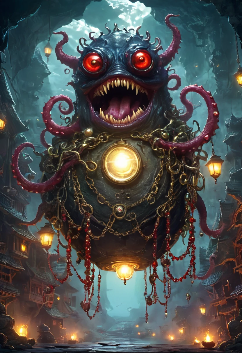 a dark, eerie, strange jewelry-filled monster - cyclops, sharp fangs, ugly, long tentacles, scattered jewels, greedy