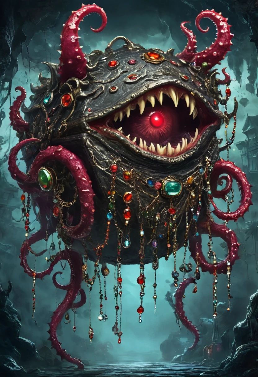 a dark, eerie, strange jewelry-filled chest monster - cyclops, sharp fangs, ugly, long tentacles, scattered jewels, greedy