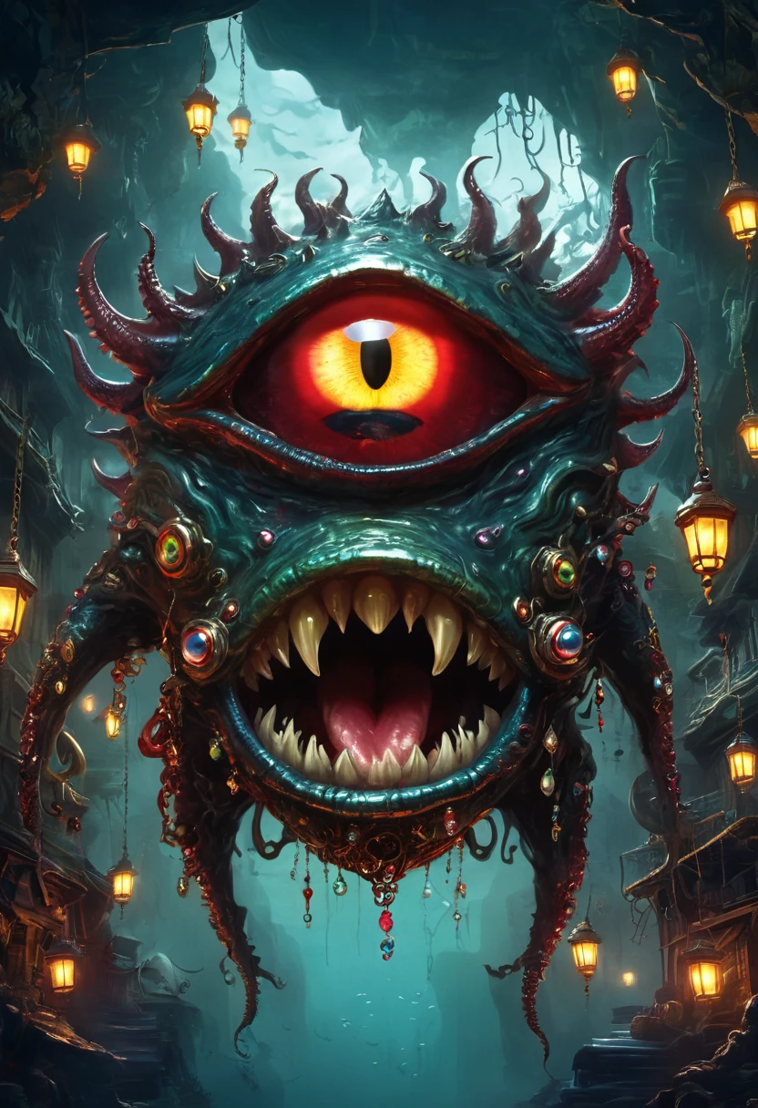 a dark, eerie, strange jewelry-filled chest monster - cyclops, sharp fangs, ugly, long tentacles, scattered jewels, greedy