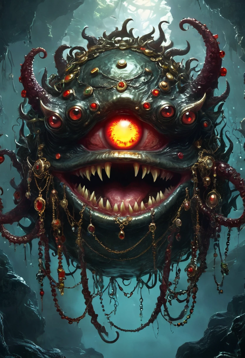 a dark, eerie, strange jewelry-filled chest monster - cyclops, sharp fangs, ugly, long tentacles, scattered jewels, greedy