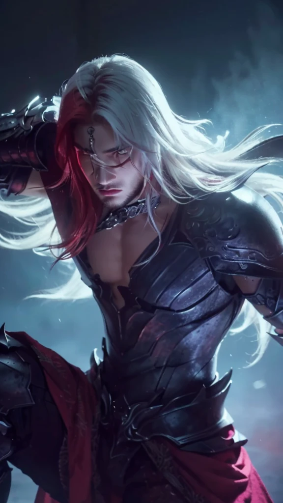 a handsome boy with striking white and red hair,wearing black fit armour,extremely detailed face,piercing eyes,sharp nose,sensual lips,chiseled jawline,muscular physique,son of sparda,photo-realistic portrait,dramatic lighting,cinematic composition,dark fantasy,moody atmosphere,rich color palette,masterpiece